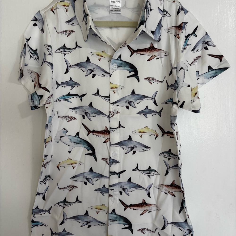 Shark Print Button Down Shirt Short Sleeve White Kids 6–7